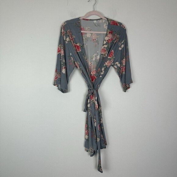Flora by Flora Nikrooz Robe Knit Floral Blue Pink Short Size Medium - Picture 1 of 4